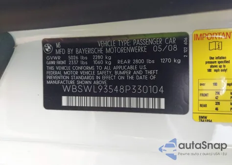 2008 BMW M3 from USA, damaged, VIN WBSWL93548P330104